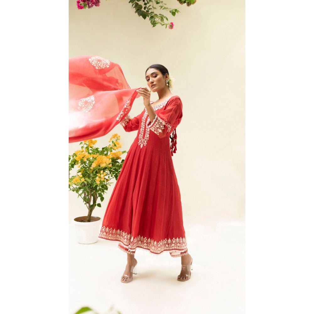 AM by Anita Mittal Parchhai Red Anarkali with Pant and Dupatta