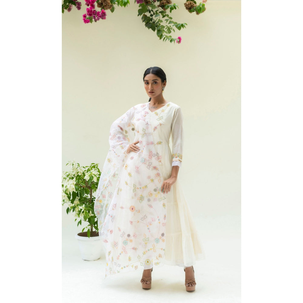 AM by Anita Mittal Soch Side-Gather White Anarkali with Pant and Dupatta