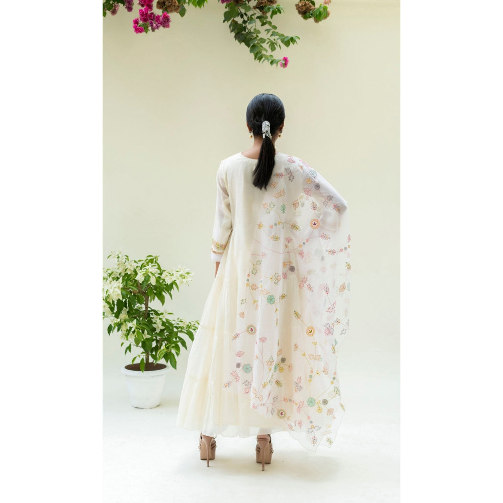 AM by Anita Mittal Soch Side-Gather White Anarkali with Pant and Dupatta