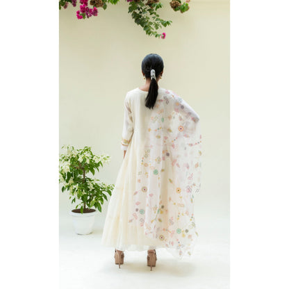 AM by Anita Mittal Soch Side-Gather White Anarkali with Pant and Dupatta