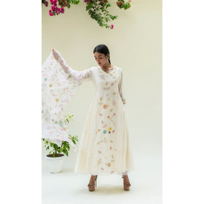 AM by Anita Mittal Soch Side-Gather White Anarkali with Pant and Dupatta