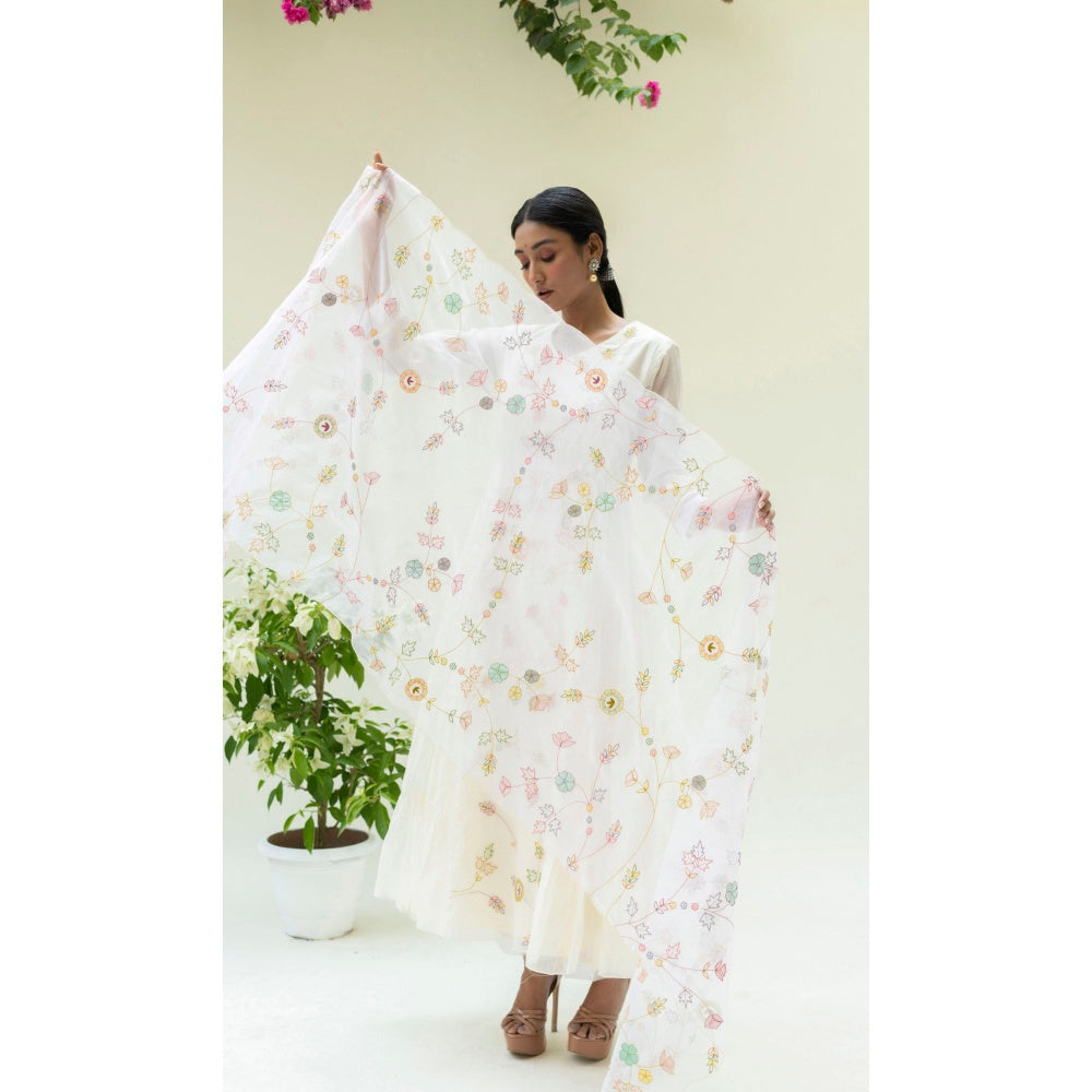 AM by Anita Mittal Soch Side-Gather White Anarkali with Pant and Dupatta
