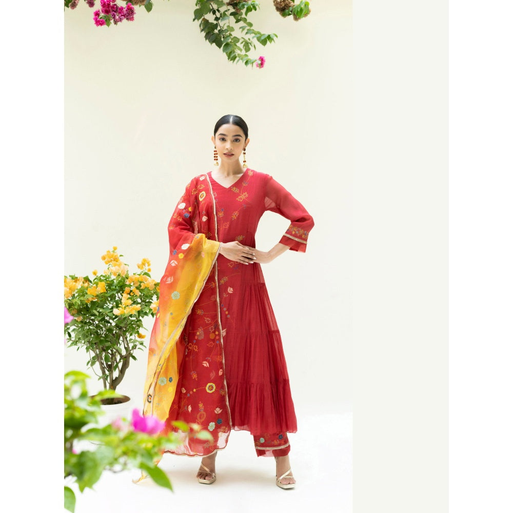 AM by Anita Mittal Soch Side-Gather Red Anarkali with Pant and Dupatta