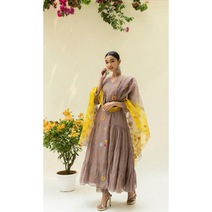 AM by Anita Mittal Soch Side-Gather Brown Anarkali with Pant and Dupatta