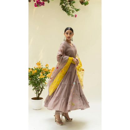 AM by Anita Mittal Soch Side-Gather Brown Anarkali with Pant and Dupatta