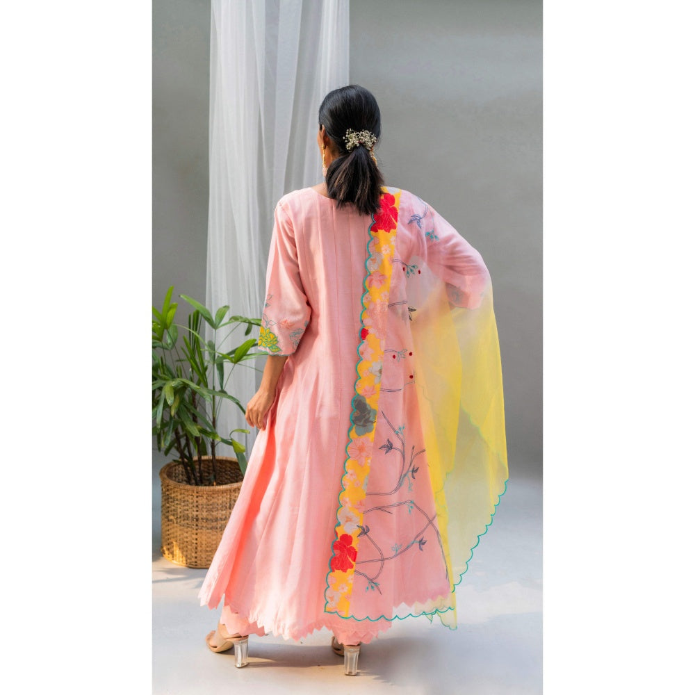 AM by Anita Mittal Floral Applique Peach Anarkali with Pant and Dupatta