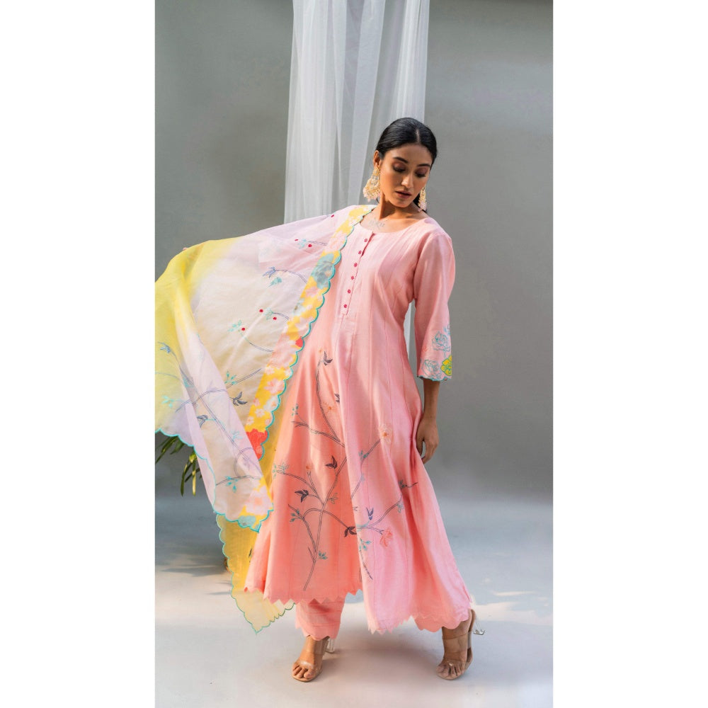 AM by Anita Mittal Floral Applique Peach Anarkali with Pant and Dupatta