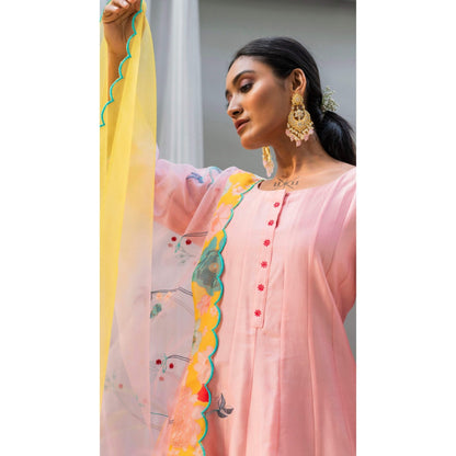 AM by Anita Mittal Floral Applique Peach Anarkali with Pant and Dupatta