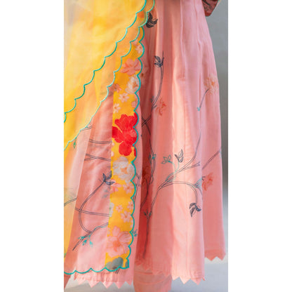 AM by Anita Mittal Floral Applique Peach Anarkali with Pant and Dupatta