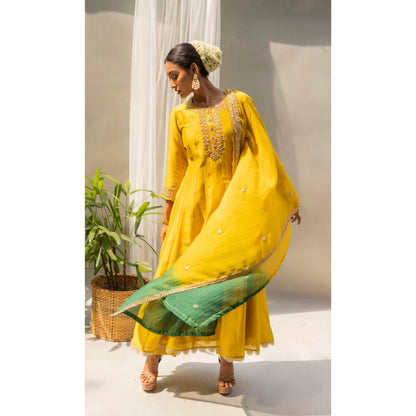 AM by Anita Mittal Dahliya Yellow Anarkali with Pant and Dupatta