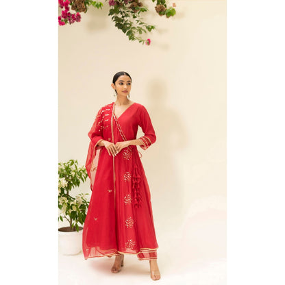 AM by Anita Mittal Muskat Red Angrakha with Pant and Dupatta