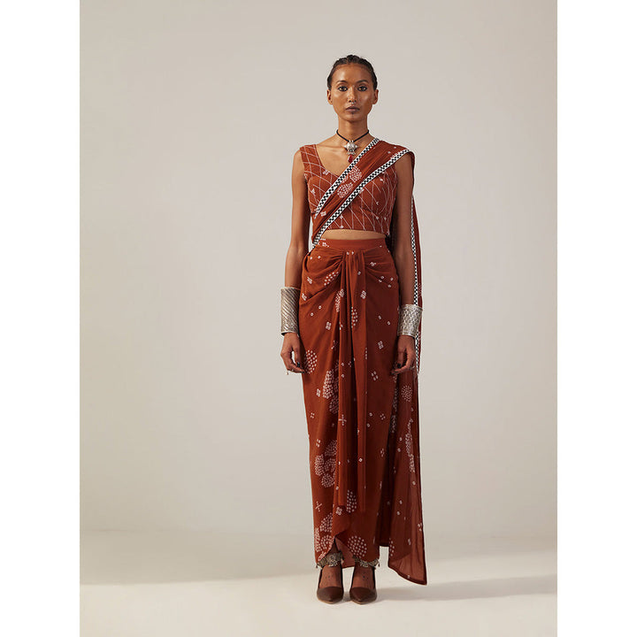 Amka India Brown Mufti Pre-draped saree with Padded Blouse with Stitched