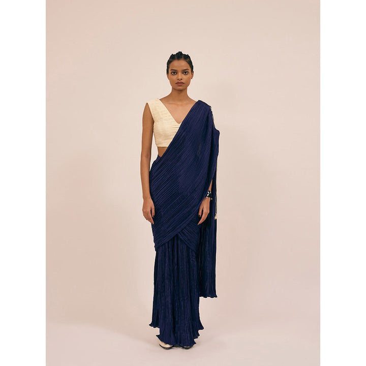 Amka India Catnip Navy Blue Saree with Stitched Blouse