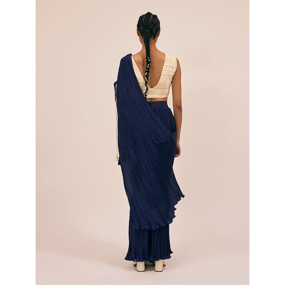 Amka India Catnip Navy Blue Saree with Stitched Blouse