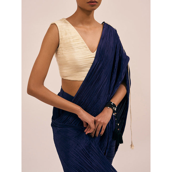 Amka India Catnip Navy Blue Saree with Stitched Blouse