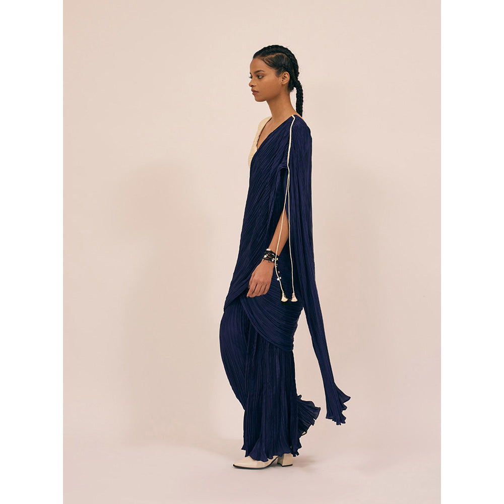 Amka India Catnip Navy Blue Saree with Stitched Blouse