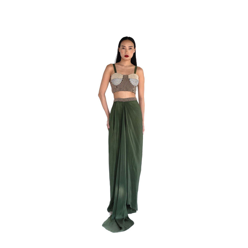 Amka India Green Amla Embellished Crop Top and Skirt (Set of 2)