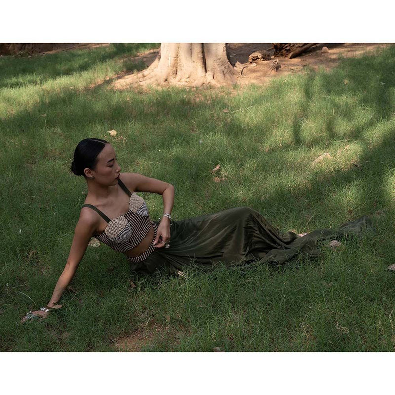 Amka India Green Amla Embellished Crop Top and Skirt (Set of 2)