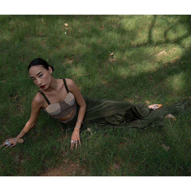 Amka India Green Amla Embellished Crop Top and Skirt (Set of 2)