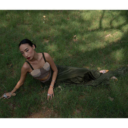 Amka India Green Amla Embellished Crop Top and Skirt (Set of 2)