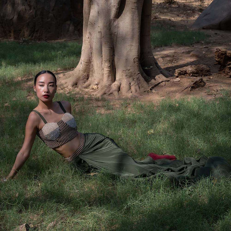 Amka India Green Amla Embellished Crop Top and Skirt (Set of 2)