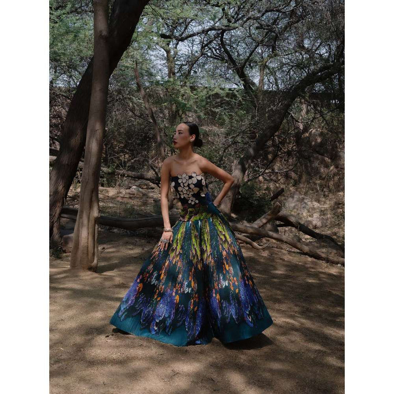 Amka India Blue Dokmai Printed Top and Skirt (Set of 2)