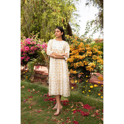 Amoree Off White Yoke Kali Dobby Thread Embroidery Dress