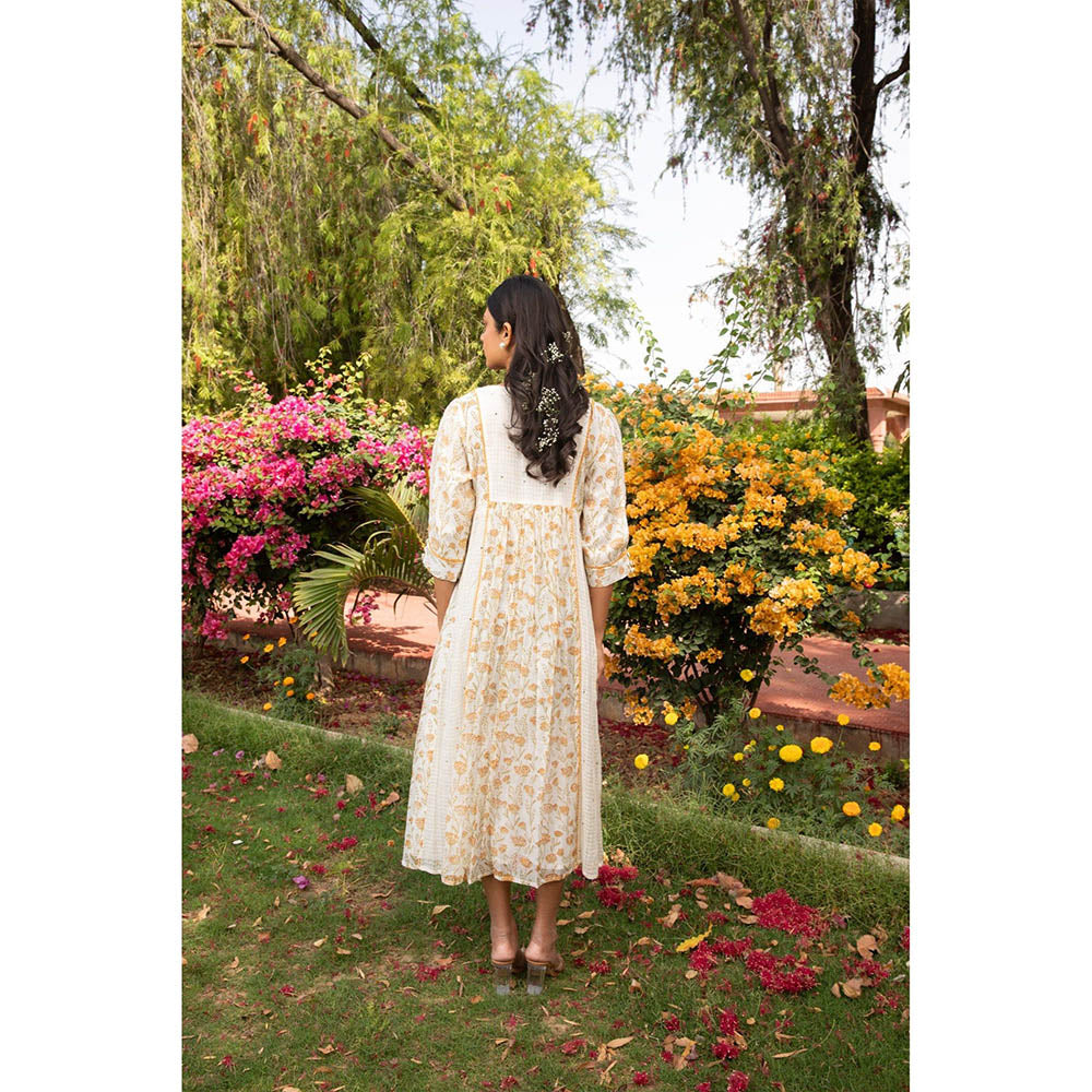 Amoree Off White Yoke Kali Dobby Thread Embroidery Dress