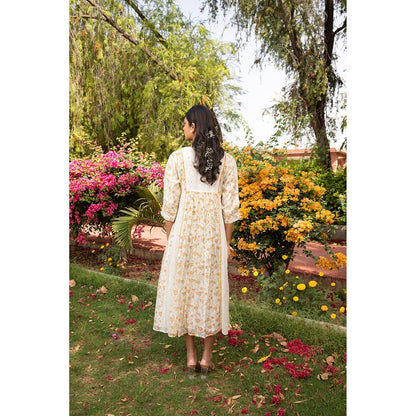 Amoree Off White Yoke Kali Dobby Thread Embroidery Dress