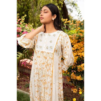 Amoree Off White Yoke Kali Dobby Thread Embroidery Dress