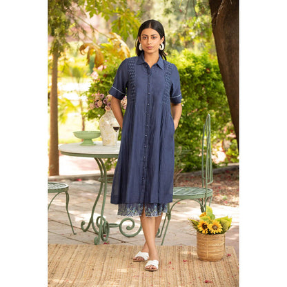 Amoree Navy Blue Hand Embroidery Shirt Style Dress