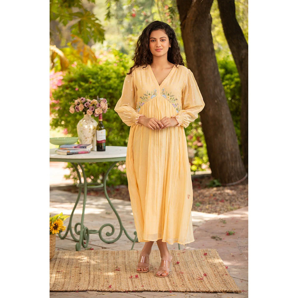 Amoree Yellow V-Neck Embroidered Frill Sleeves Dress