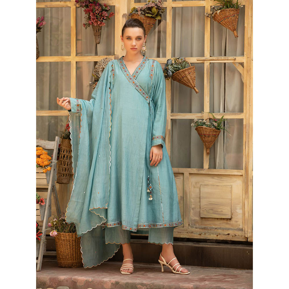 Amoree Blue Meherbaan Angarkha Kurta with Pant and Dupatta (Set of 3)