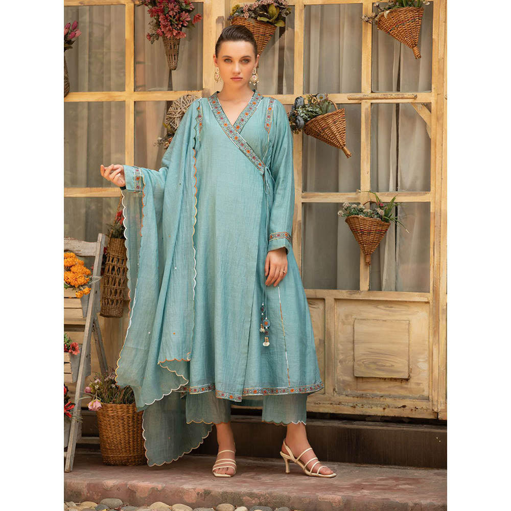 Amoree Blue Meherbaan Angarkha Kurta with Pant and Dupatta (Set of 3)