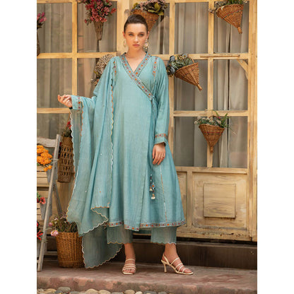Amoree Blue Meherbaan Angarkha Kurta with Pant and Dupatta (Set of 3)