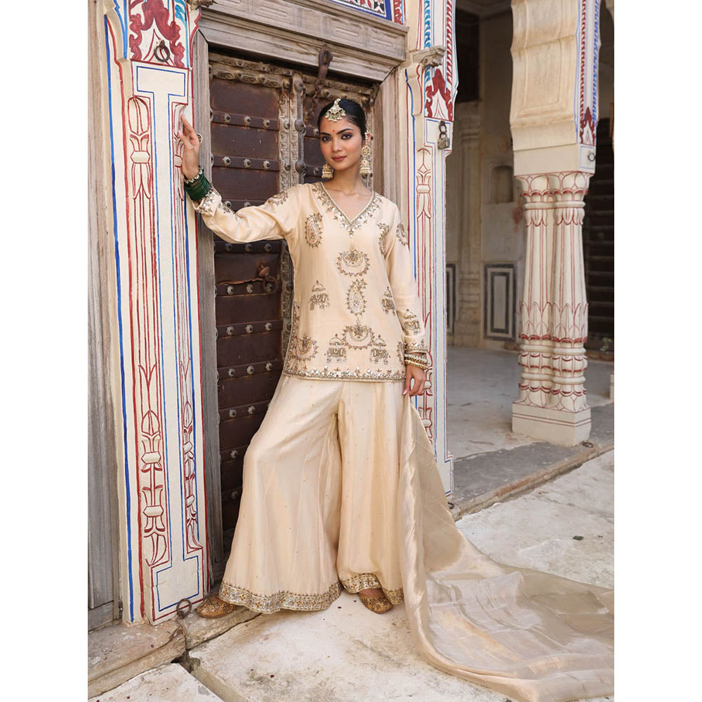 Amoree Gaj Embroidered Kurti with Palazzo and Dupatta (Set of 3)