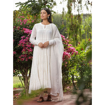 Amoree White Orchid Anarkali with Pant and Dupatta (Set of 3)