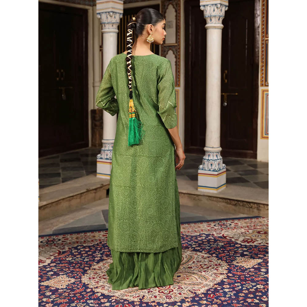 Amoree Green Hand Block Print Embroidered Kurta with Lehenga and Dupatta (Set of 3)