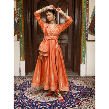 Amoree Rust Tassel Embroidered Anarkali with Pant and Dupatta (Set of 3)