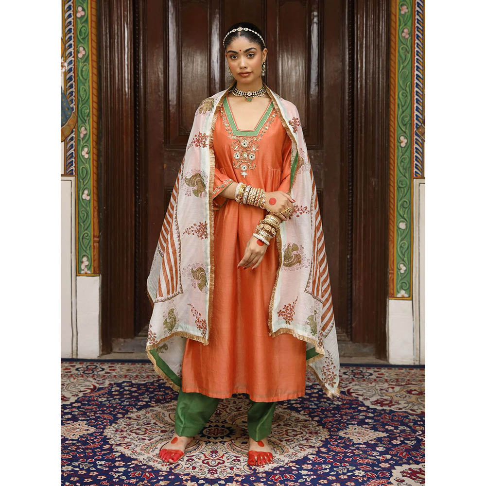 Amoree Rust Pichwai Embroidered Kurta with Pant and Dupatta (Set of 3)