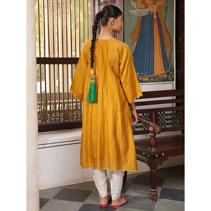 Amoree Mustard Rudra Aari & Sequin Embroidered Kurta & Dhoti (Set of 2)