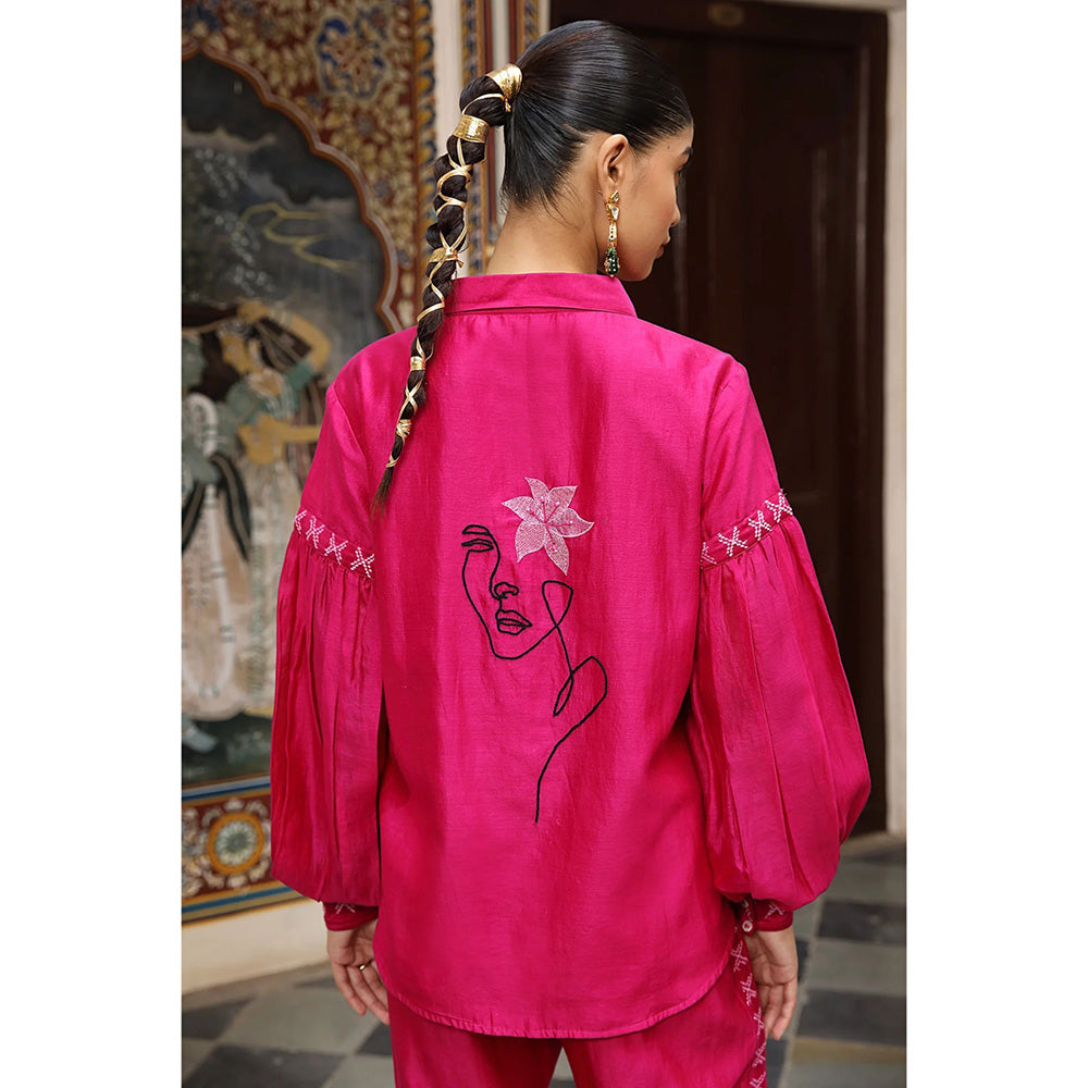Amoree Hot Pink Chanderi Silk with Faces Embroidery Co-Ord (Set of 2)
