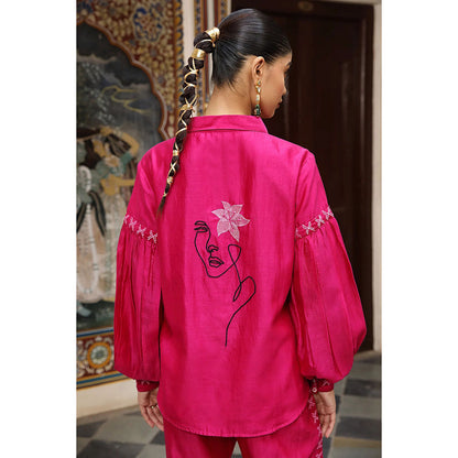 Amoree Hot Pink Chanderi Silk with Faces Embroidery Co-Ord (Set of 2)