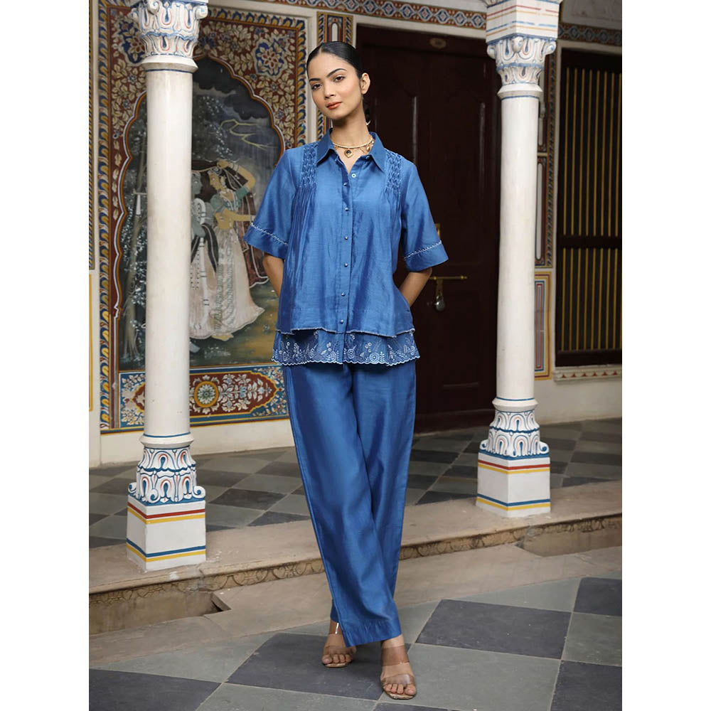 Amoree Blue Chanderi Silk Thread Embroidery Co-Ord (Set of 2)