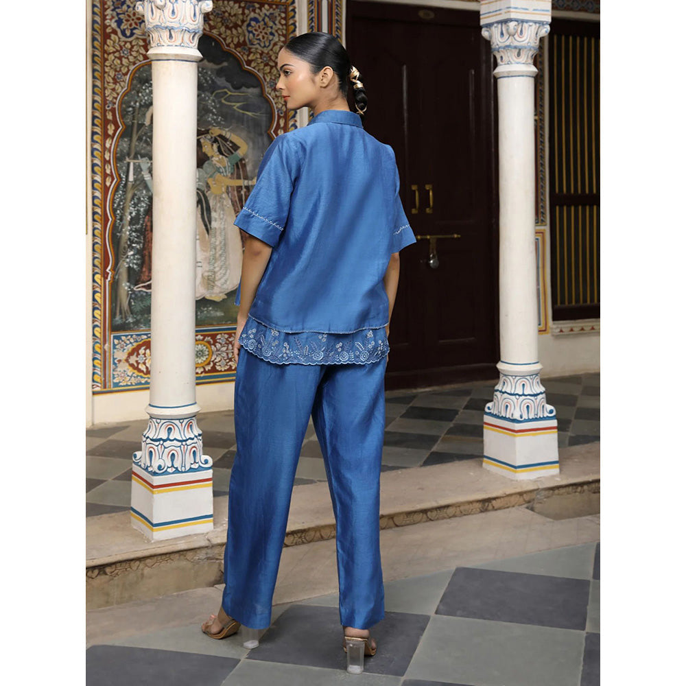 Amoree Blue Chanderi Silk Thread Embroidery Co-Ord (Set of 2)