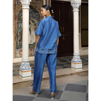 Amoree Blue Chanderi Silk Thread Embroidery Co-Ord (Set of 2)