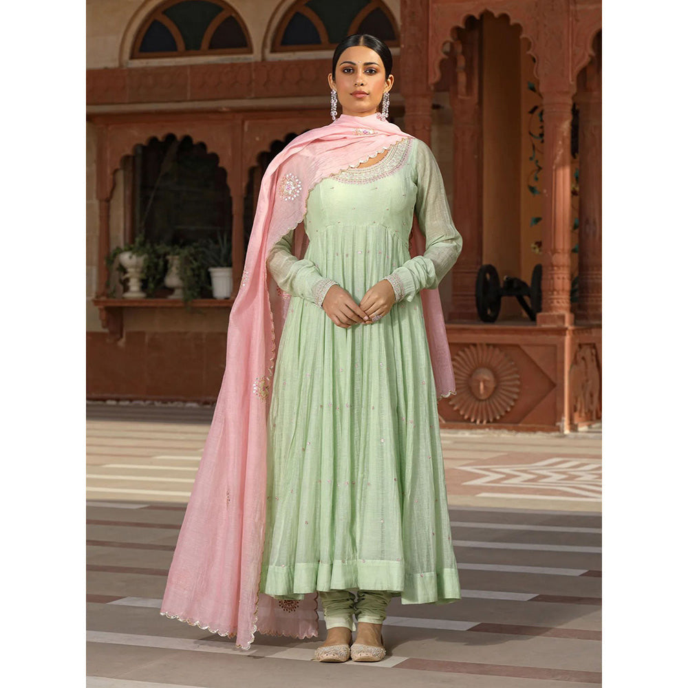 Amoree Green Embroidered Anarkali with Churidar and Dupatta (Set of 3)