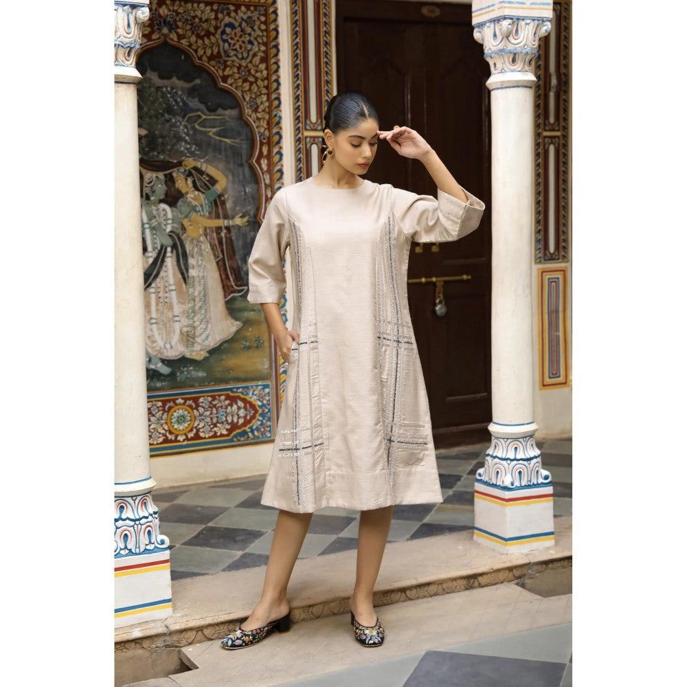 Amoree Beige Checks A-Line Dress With Cut Dana Handwork