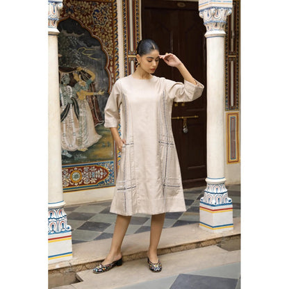 Amoree Beige Checks A-Line Dress With Cut Dana Handwork