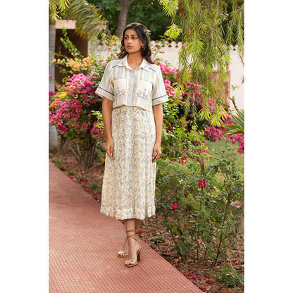 Amoree Womens Printed Off White Shirt with Skirt